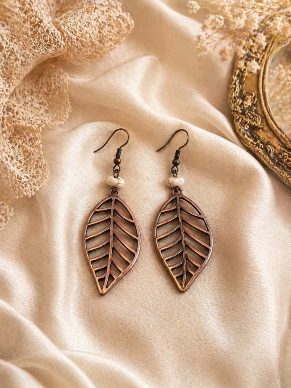 paparazzi Copper Leaf Dangle Earrings with White Accent